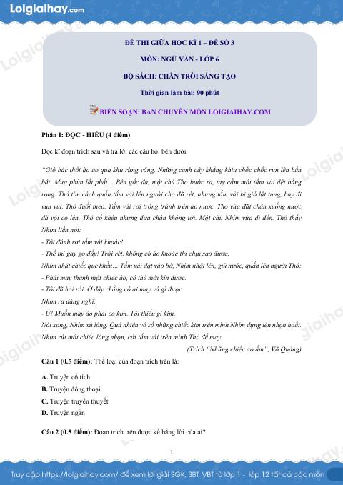 Đề thi giữa kì 1 Văn 6 Chân trời sáng tạo - Đề số 3
